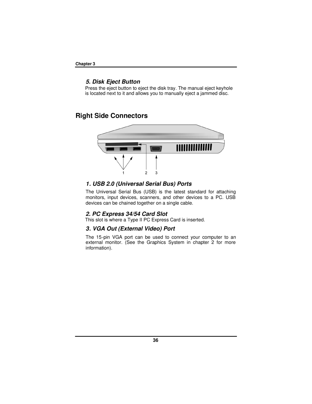 AVERATEC 2300 Right Side Connectors, Disk Eject Button, USB 2.0 Universal Serial Bus Ports, PC Express 34/54 Card Slot 