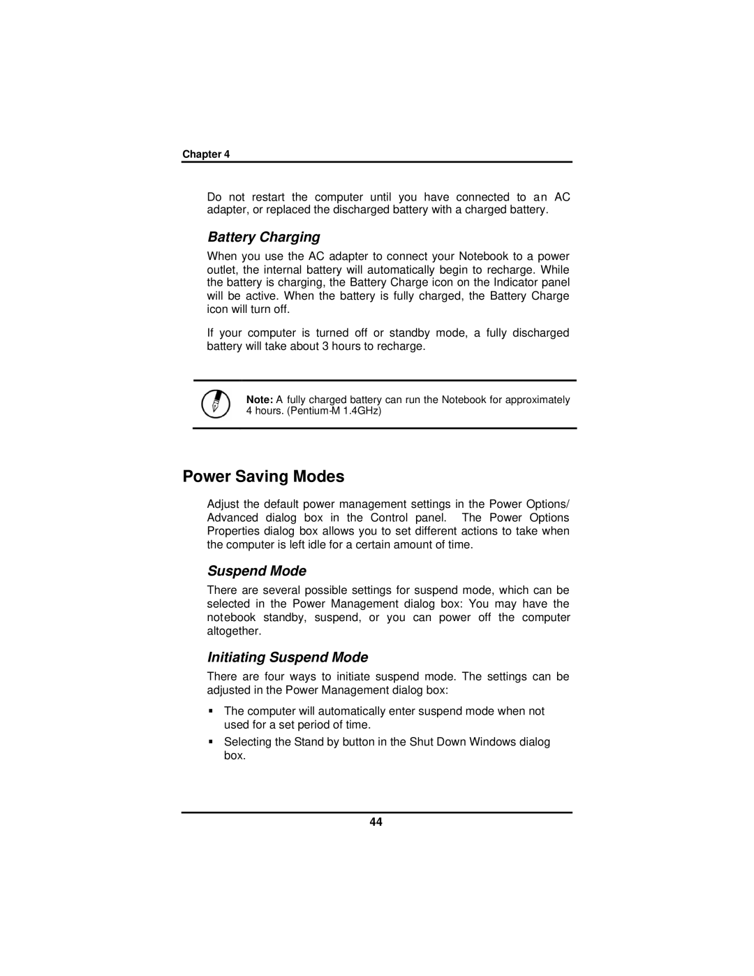 AVERATEC 2300 manual Power Saving Modes, Battery Charging, Initiating Suspend Mode 