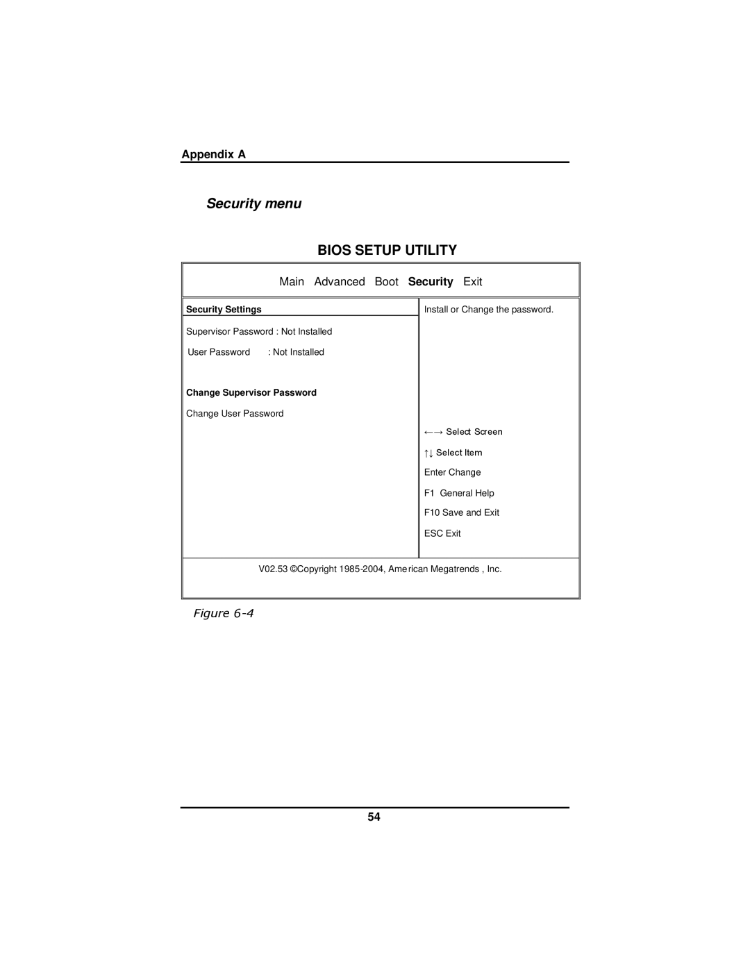 AVERATEC 2300 manual Security menu, Change Supervisor Password 