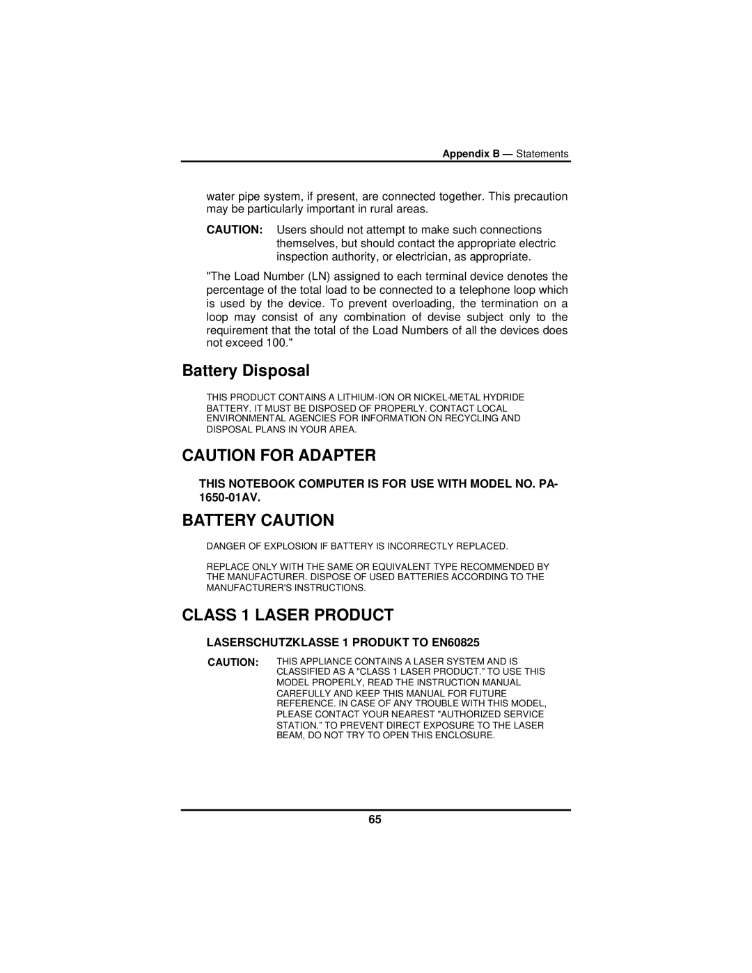 AVERATEC 2300 manual Battery Disposal, Battery Caution 