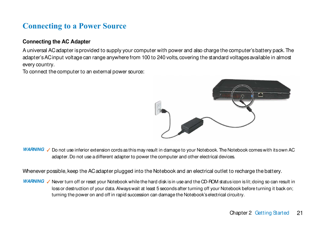 AVERATEC 2700 manual Connecting to a Power Source, Connecting the AC Adapter 