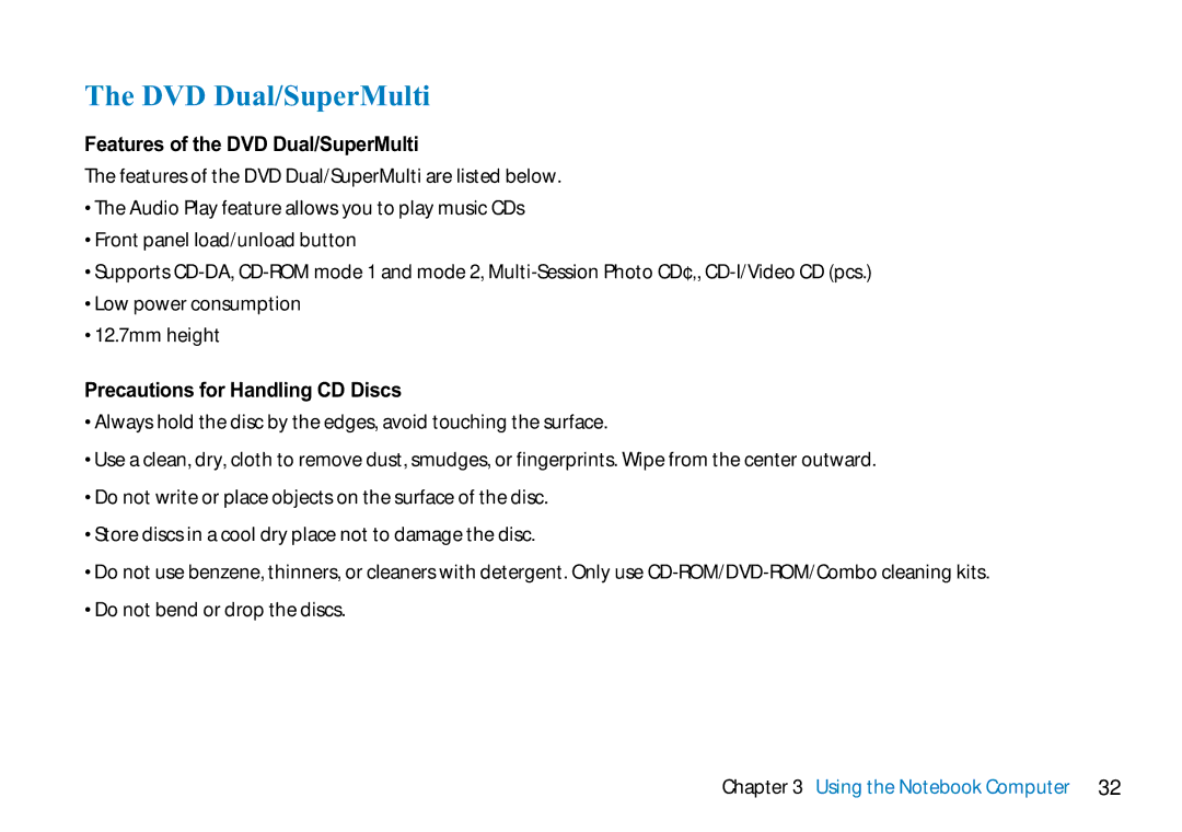 AVERATEC 2700 manual Features of the DVD Dual/SuperMulti, Precautions for Handling CD Discs 