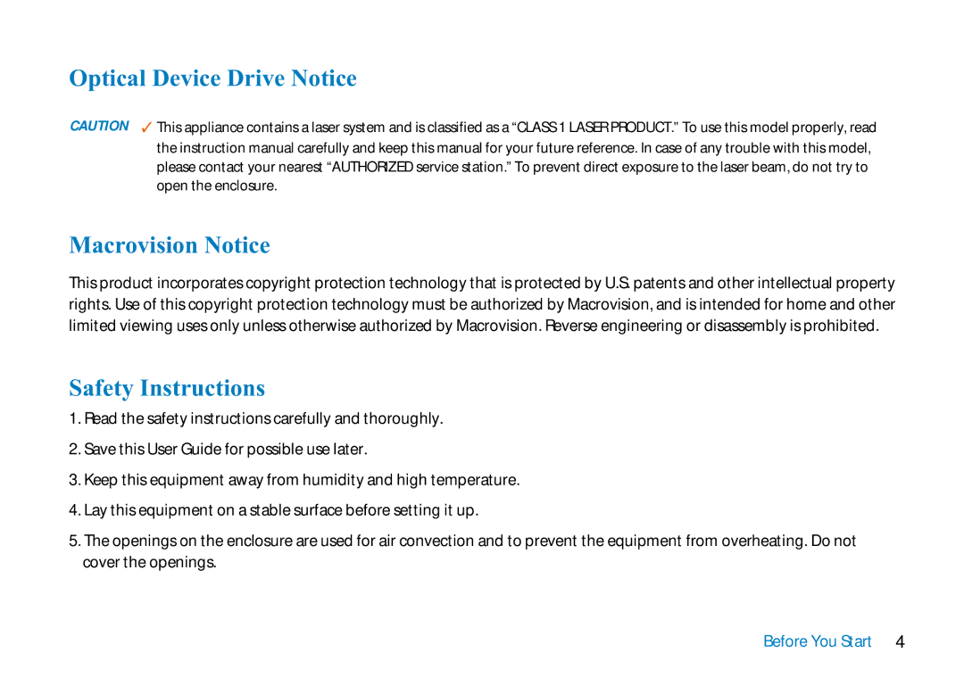 AVERATEC 2700 manual Optical Device Drive Notice Macrovision Notice, Safety Instructions 