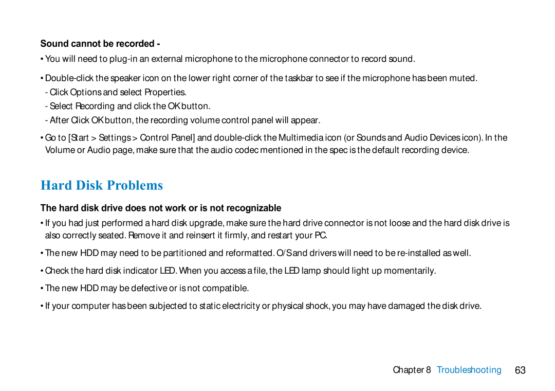 AVERATEC 2700 manual Hard Disk Problems, Sound cannot be recorded, Hard disk drive does not work or is not recognizable 