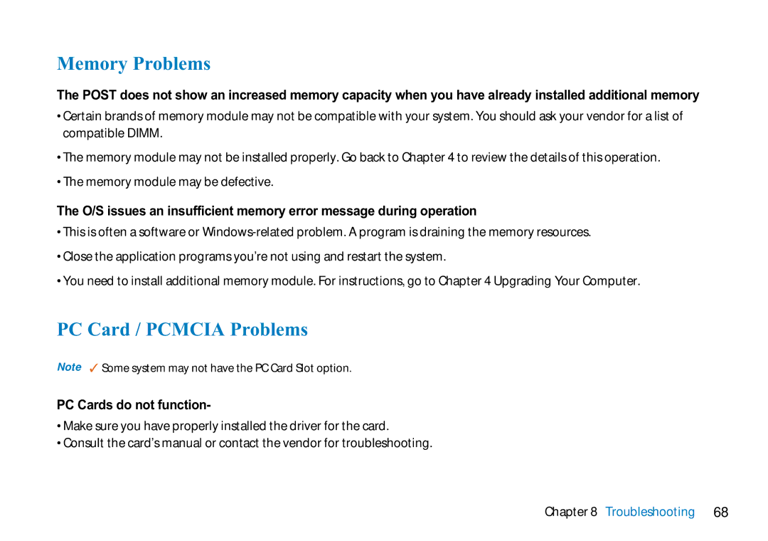 AVERATEC 2700 manual Memory Problems, PC Card / Pcmcia Problems, PC Cards do not function 