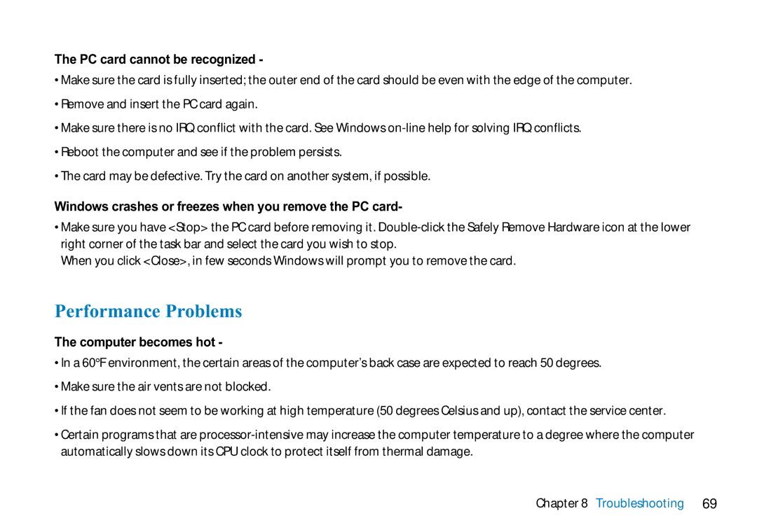 AVERATEC 2700 Performance Problems, PC card cannot be recognized, Windows crashes or freezes when you remove the PC card 