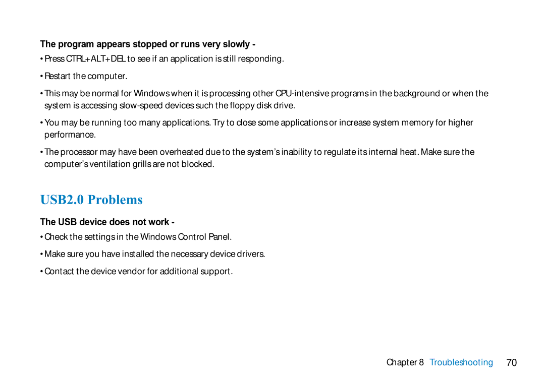 AVERATEC 2700 manual USB2.0 Problems, Program appears stopped or runs very slowly, USB device does not work 