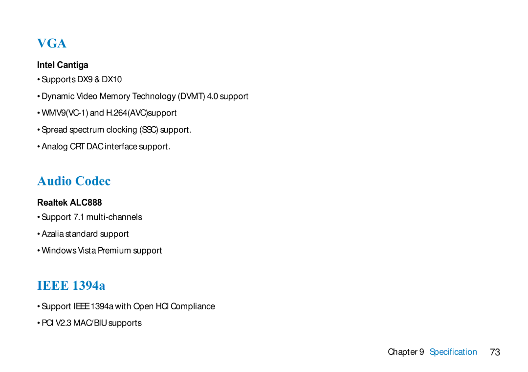 AVERATEC 2700 manual Audio Codec, Ieee 1394a, Intel Cantiga, Realtek ALC888 