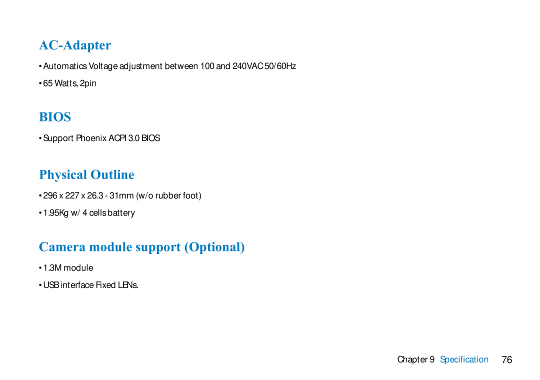AVERATEC 2700 manual AC-Adapter, Physical Outline, Camera module support Optional 