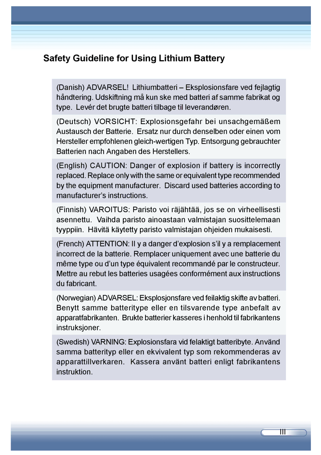 AVERATEC 6200 Series user manual Safety Guideline for Using Lithium Battery 