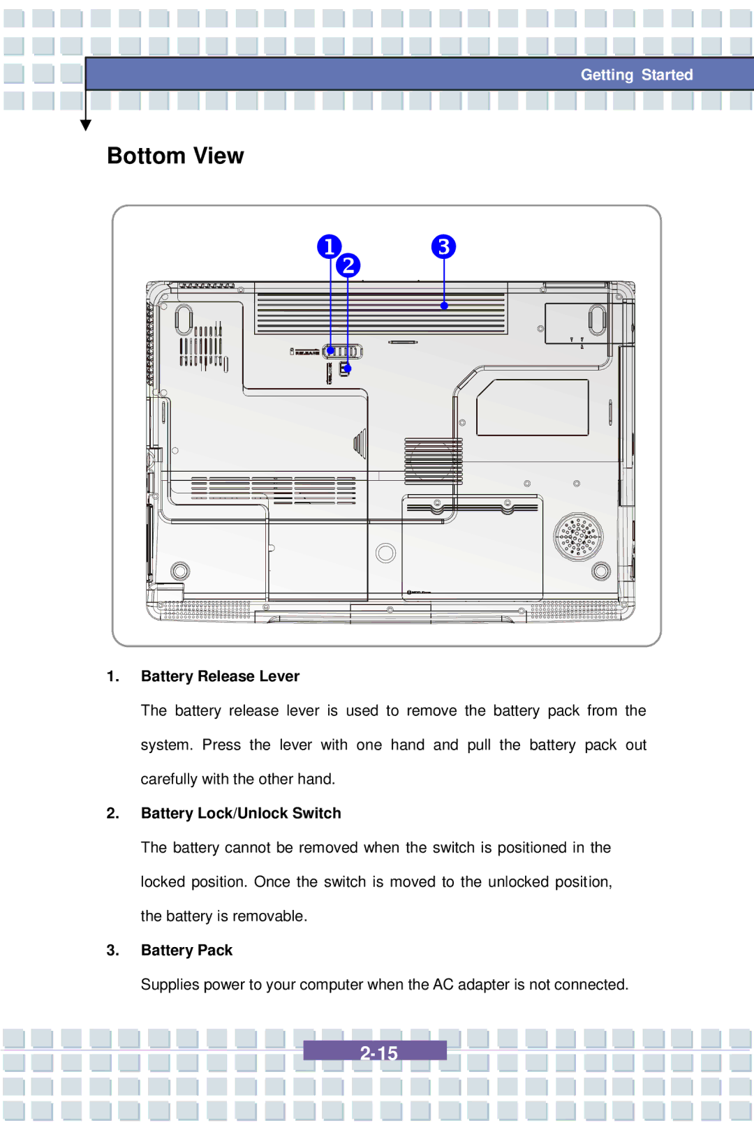 AVERATEC 7100 manual Bottom View, Battery Release Lever, Battery Lock/Unlock Switch, Battery Pack 