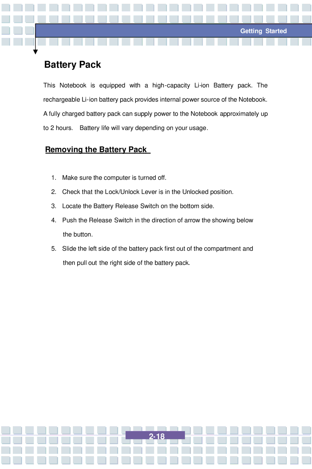 AVERATEC 7100 manual Removing the Battery Pack 