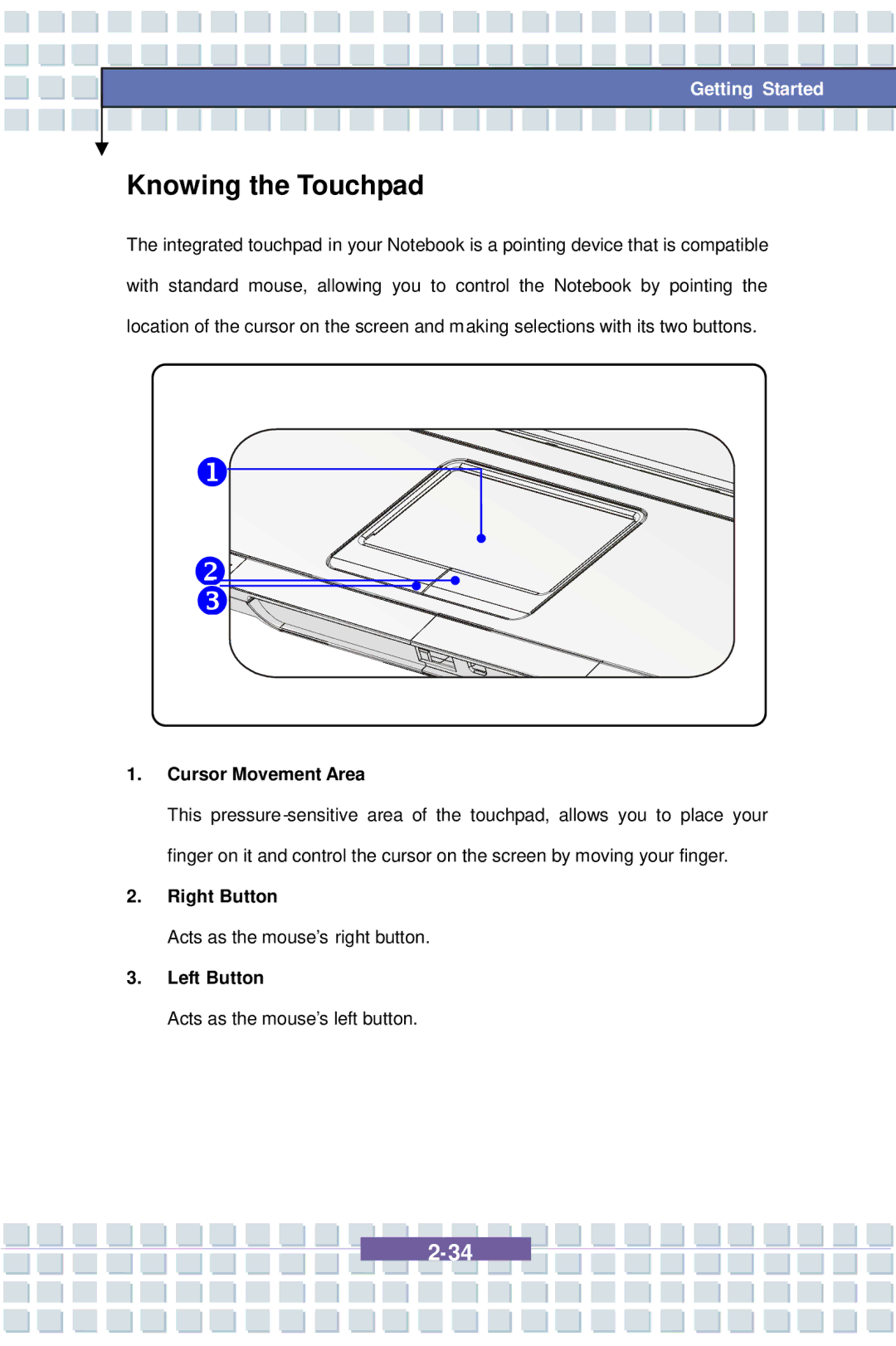 AVERATEC 7100 manual Knowing the Touchpad, Cursor Movement Area, Right Button, Left Button 