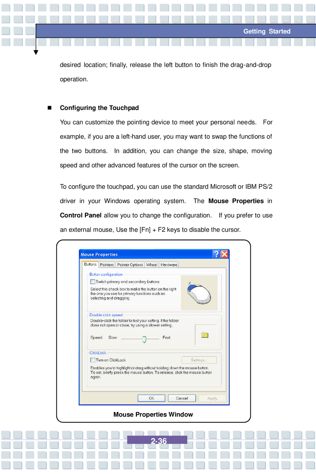 AVERATEC 7100 manual  Configuring the Touchpad, Mouse Properties Window 