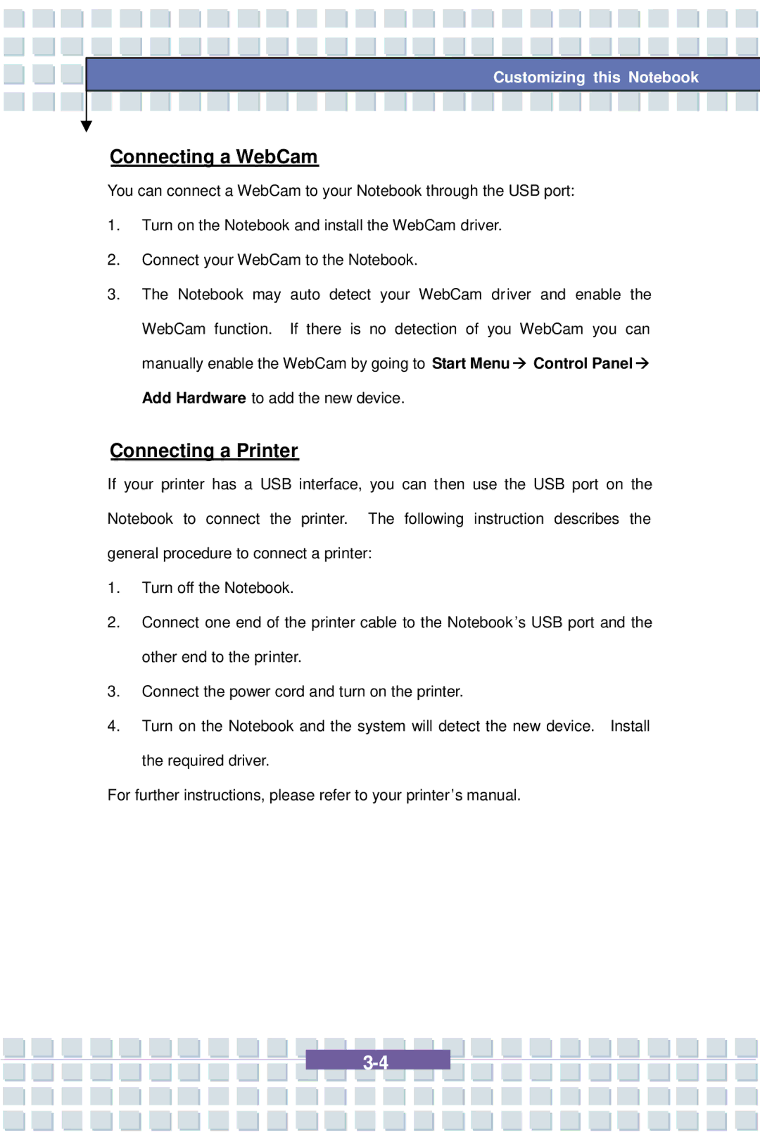 AVERATEC 7100 manual Connecting a WebCam, Connecting a Printer 