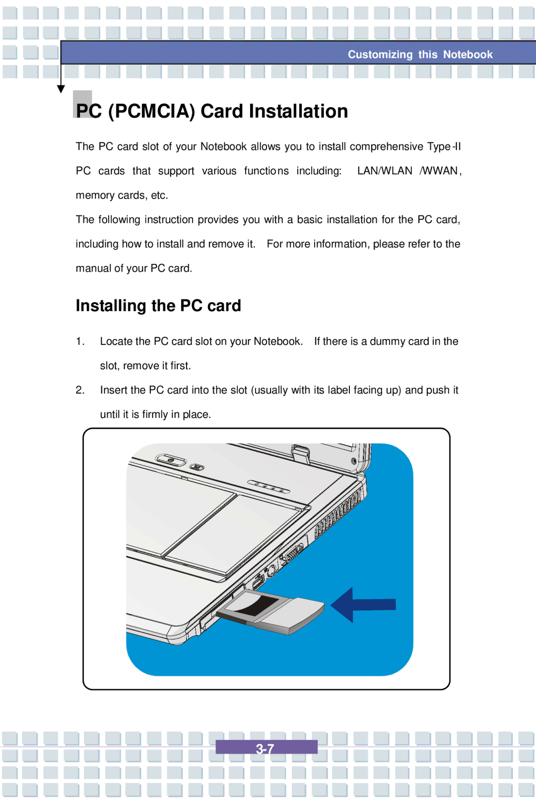 AVERATEC 7100 manual PC Pcmcia Card Installation, Installing the PC card 