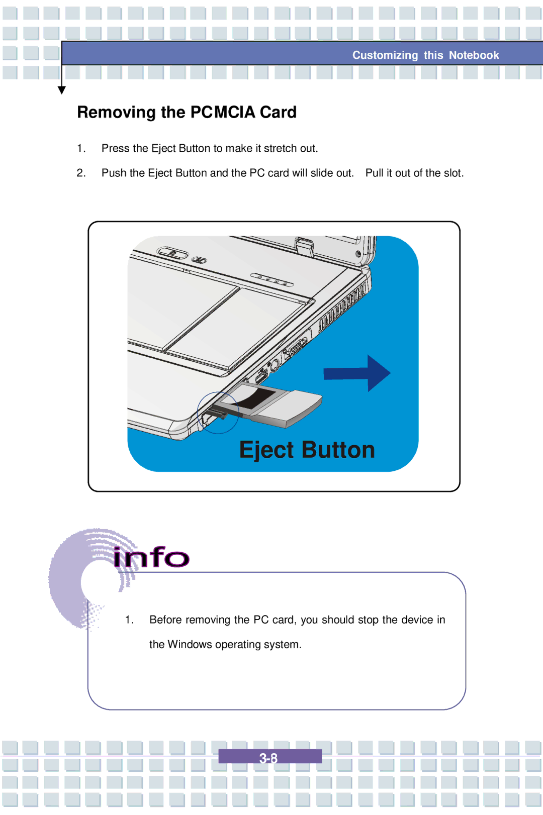 AVERATEC 7100 manual Eject Button, Removing the Pcmcia Card 