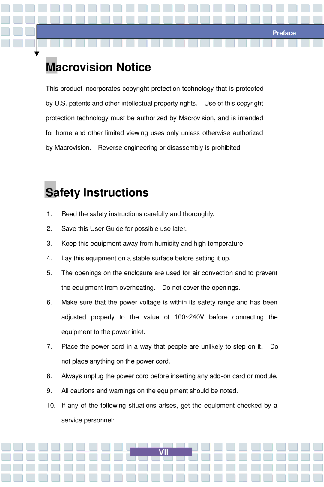 AVERATEC 7100 manual Macrovision Notice, Safety Instructions 