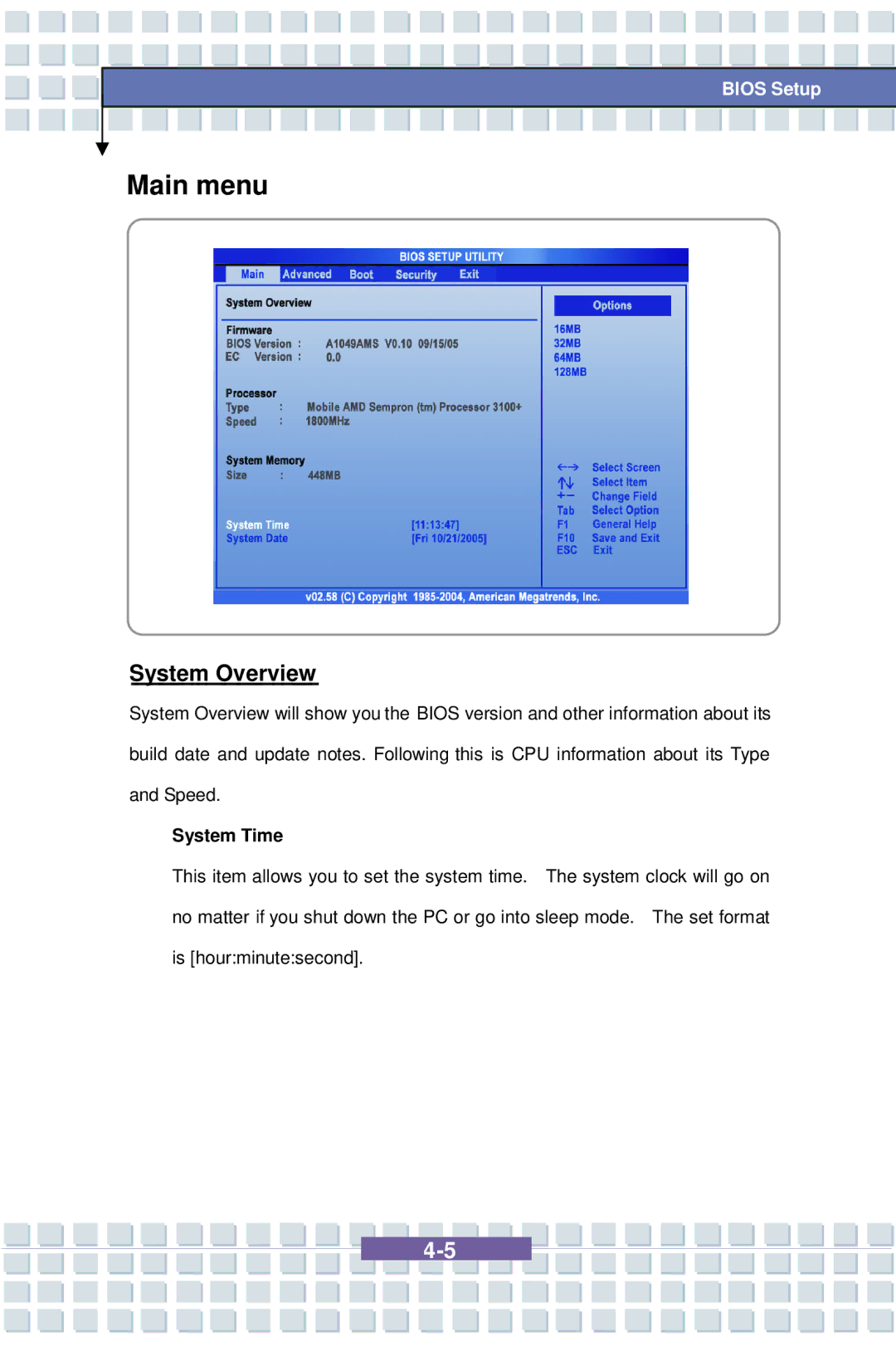 AVERATEC 7100 manual Main menu, System Overview, System Time 