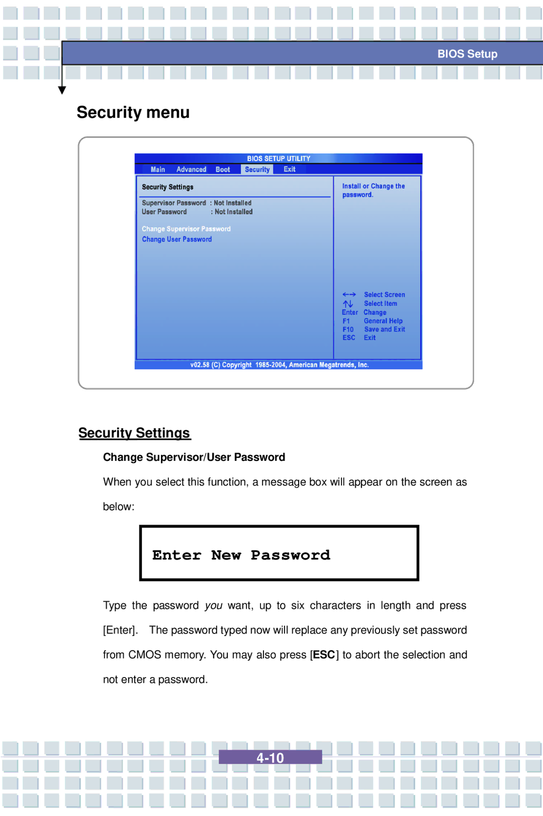 AVERATEC 7100 manual Security menu, Security Settings, Change Supervisor/User Password 