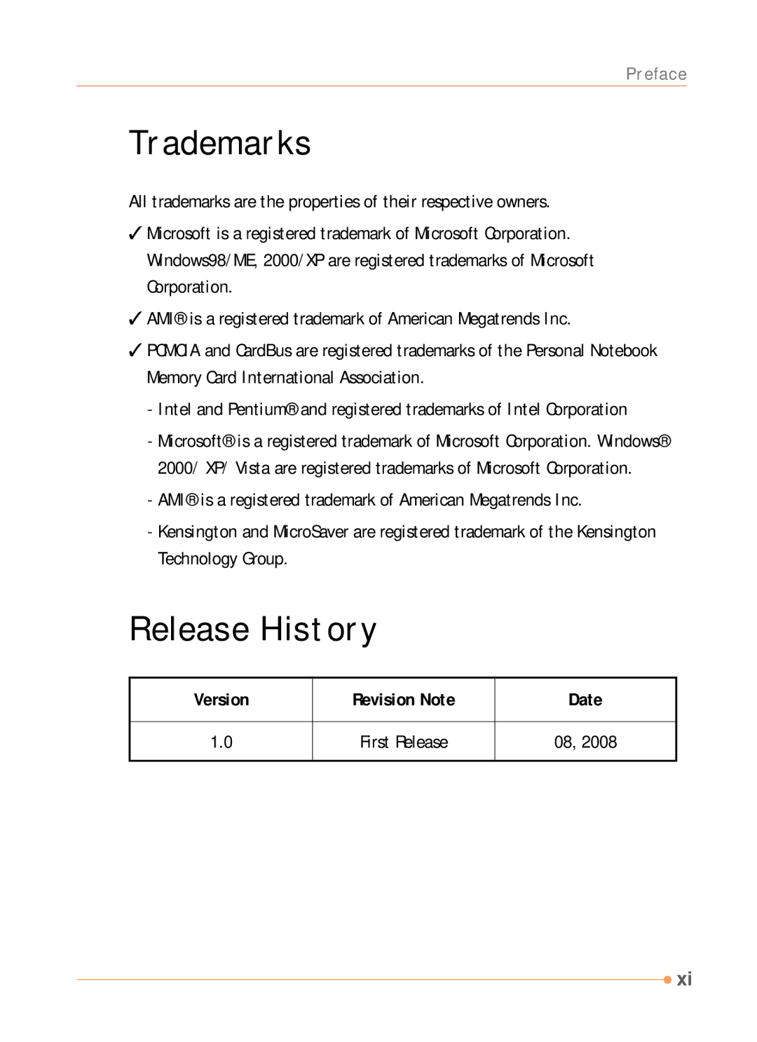 AVERATEC N1000 Series manual Trademarks, Release History, Version Revision Note Date 