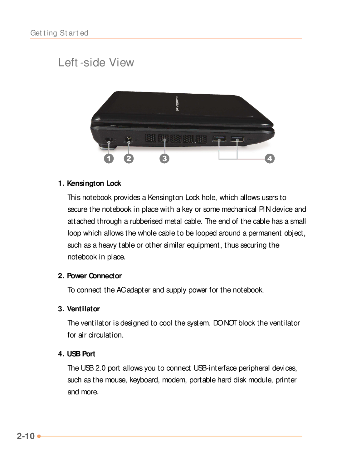 AVERATEC N1000 Series manual Left-side View, Kensington Lock, Power Connector, Ventilator 