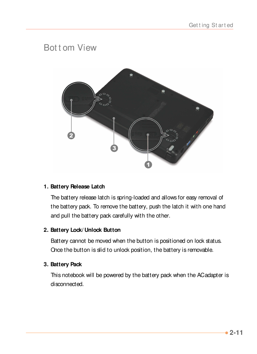 AVERATEC N1000 Series manual Bottom View, Battery Release Latch, Battery Lock/Unlock Button, Battery Pack 