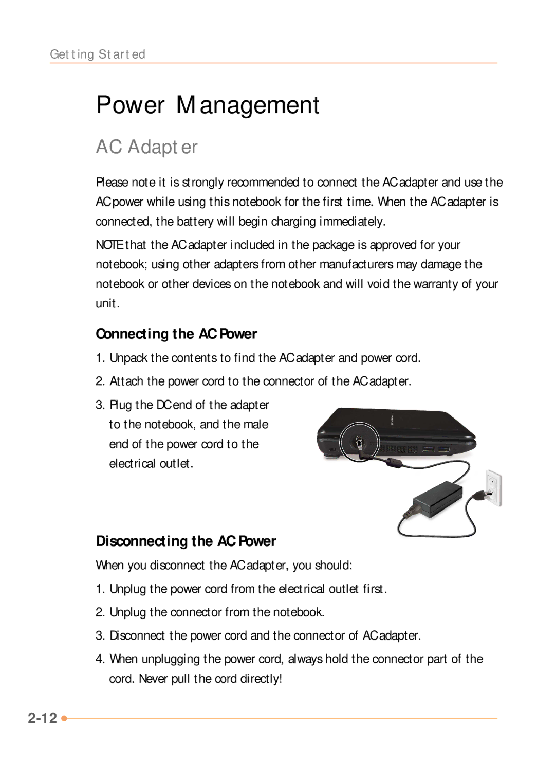 AVERATEC N1000 Series manual Power Management, AC Adapter, Connecting the AC Power, Disconnecting the AC Power 