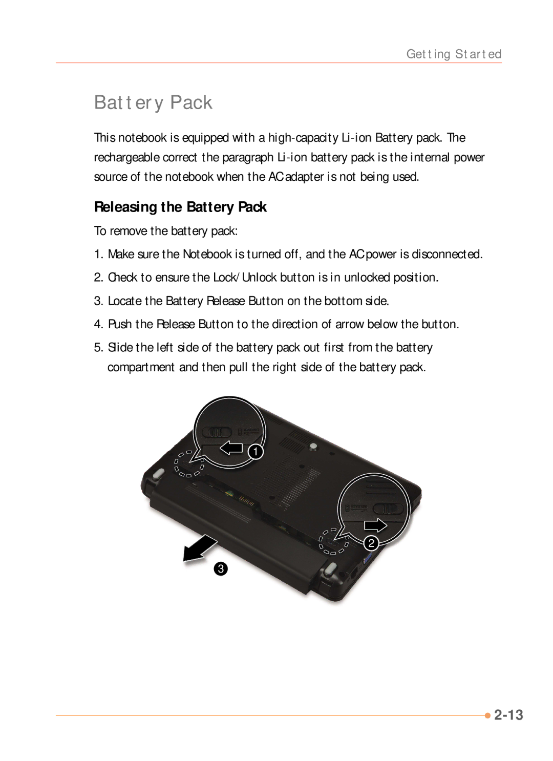 AVERATEC N1000 Series manual Releasing the Battery Pack 