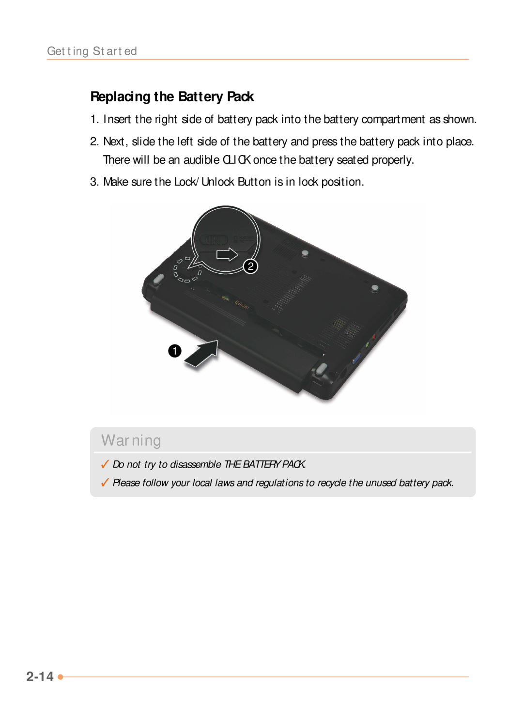 AVERATEC N1000 Series manual Replacing the Battery Pack, Make sure the Lock/Unlock Button is in lock position 