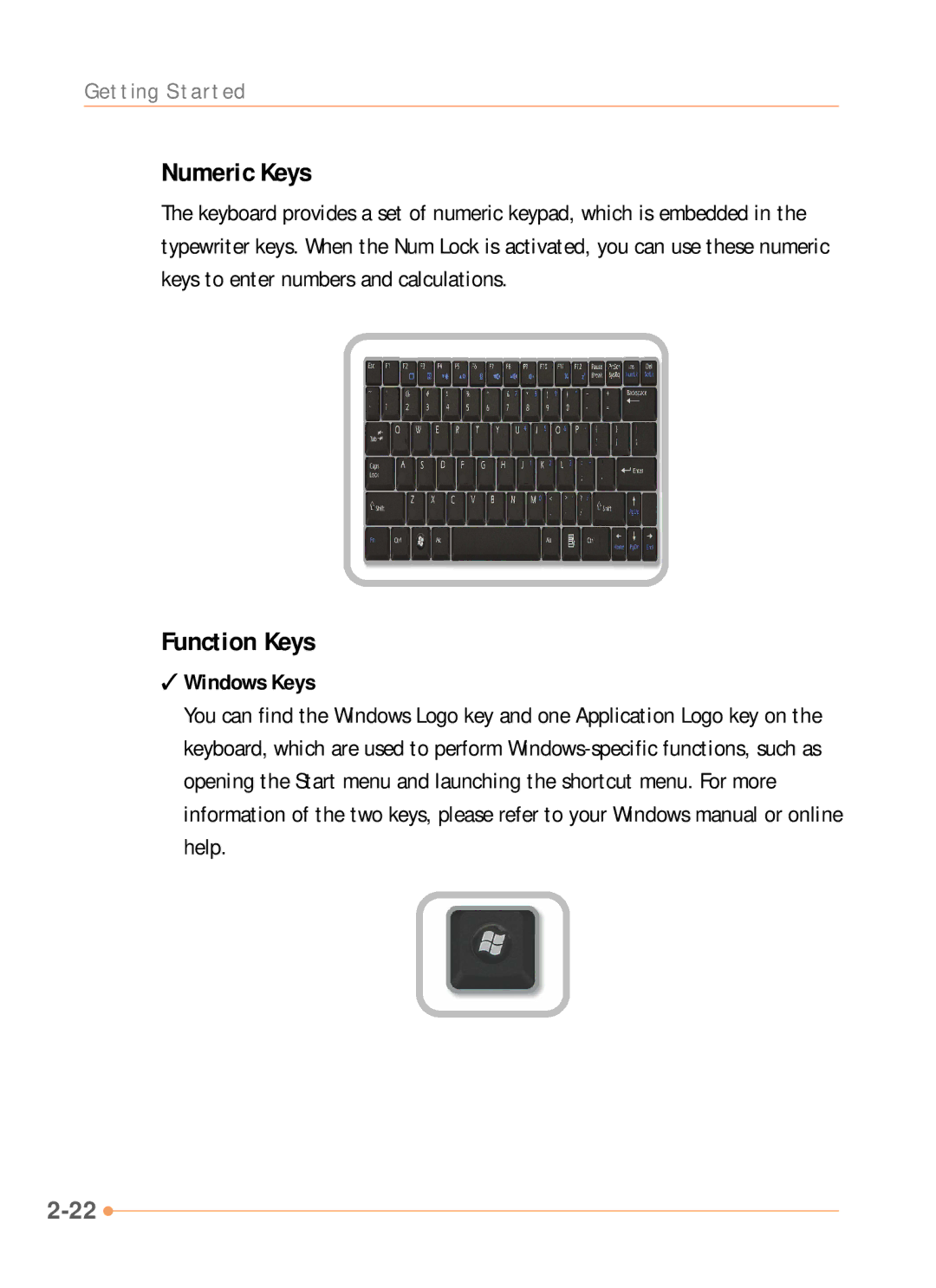 AVERATEC N1000 Series manual Numeric Keys, Function Keys, Windows Keys 