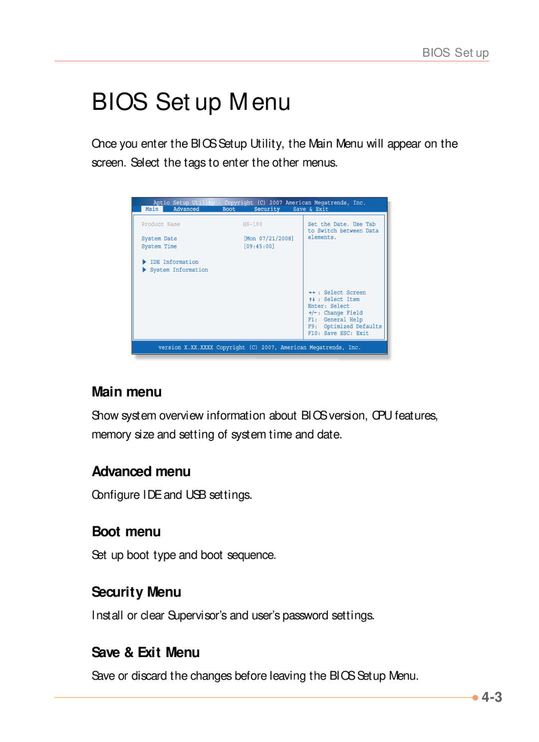 AVERATEC N1000 Series manual Bios Setup Menu 