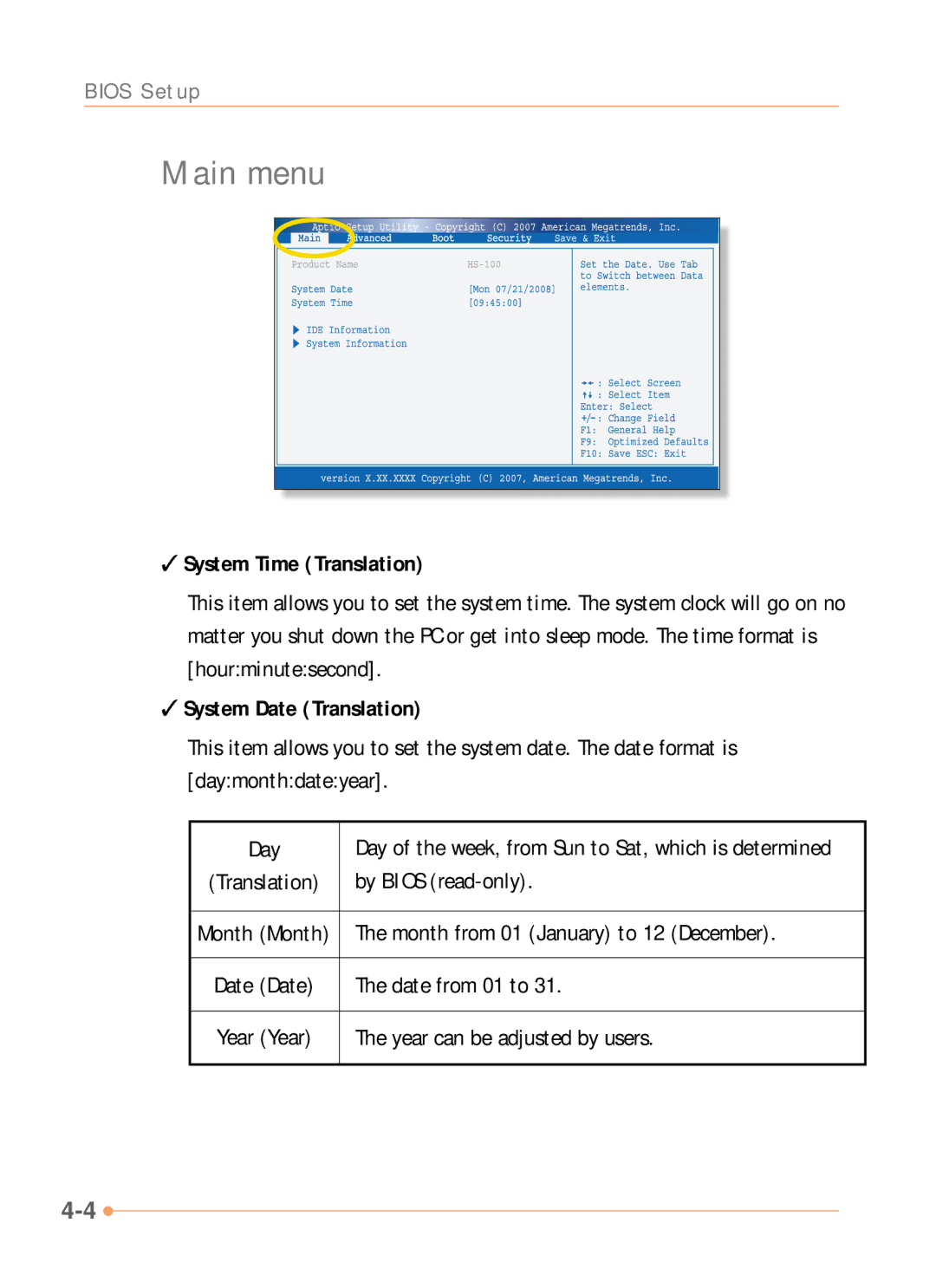 AVERATEC N1000 Series manual Main menu, System Time Translation, System Date Translation 