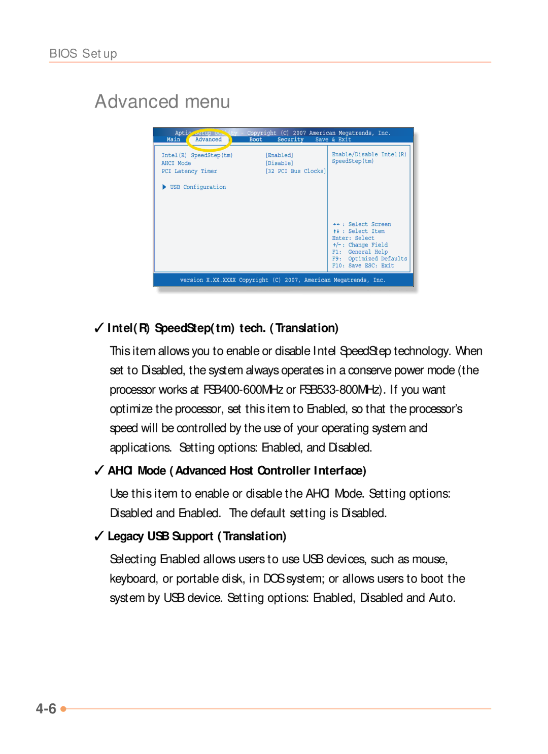 AVERATEC N1000 Series Advanced menu, IntelR SpeedSteptm tech. Translation, Ahci Mode Advanced Host Controller Interface 