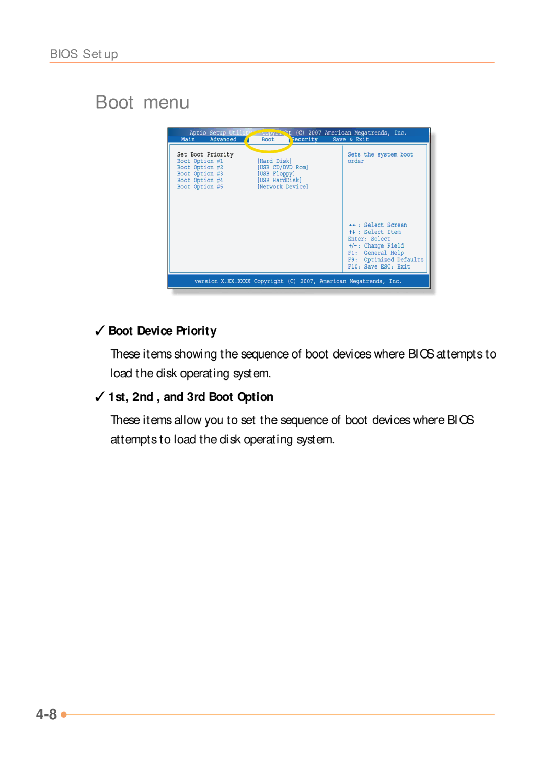 AVERATEC N1000 Series manual Boot menu, Boot Device Priority, 1st, 2nd , and 3rd Boot Option 