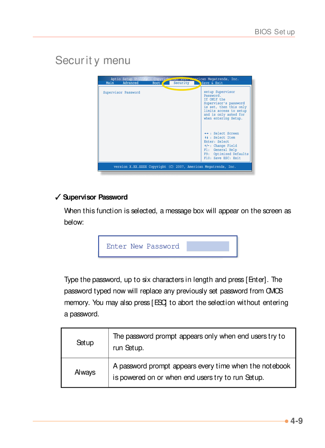 AVERATEC N1000 Series manual Security menu, Supervisor Password 