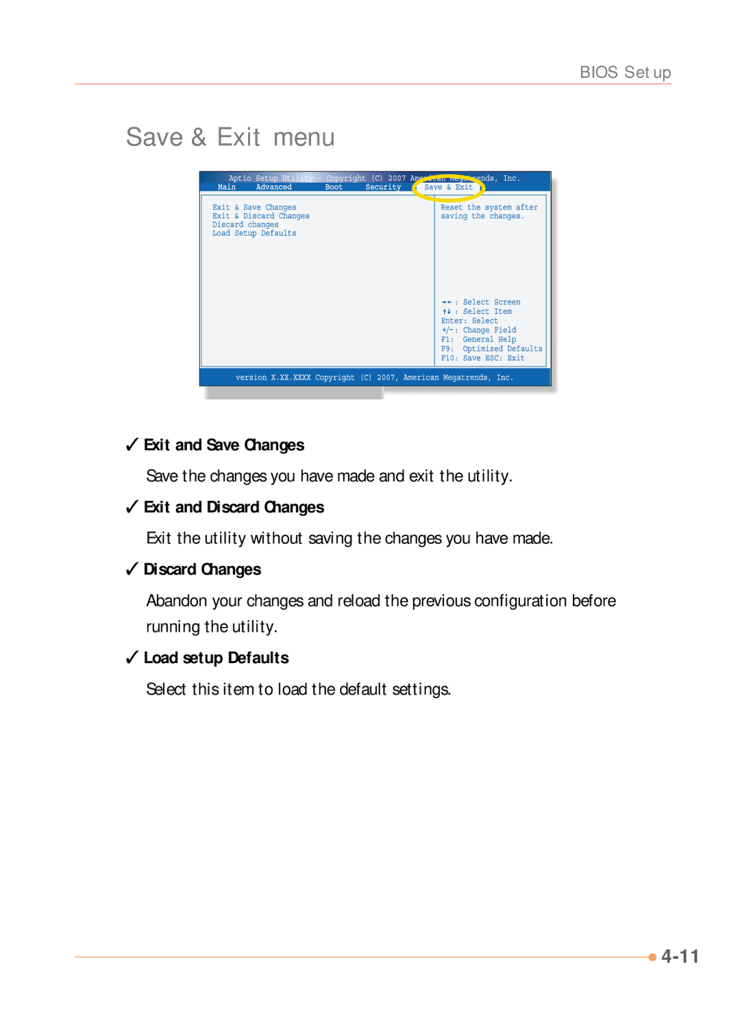 AVERATEC N1000 Series manual Save & Exit menu, Exit and Save Changes, Exit and Discard Changes, Load setup Defaults 