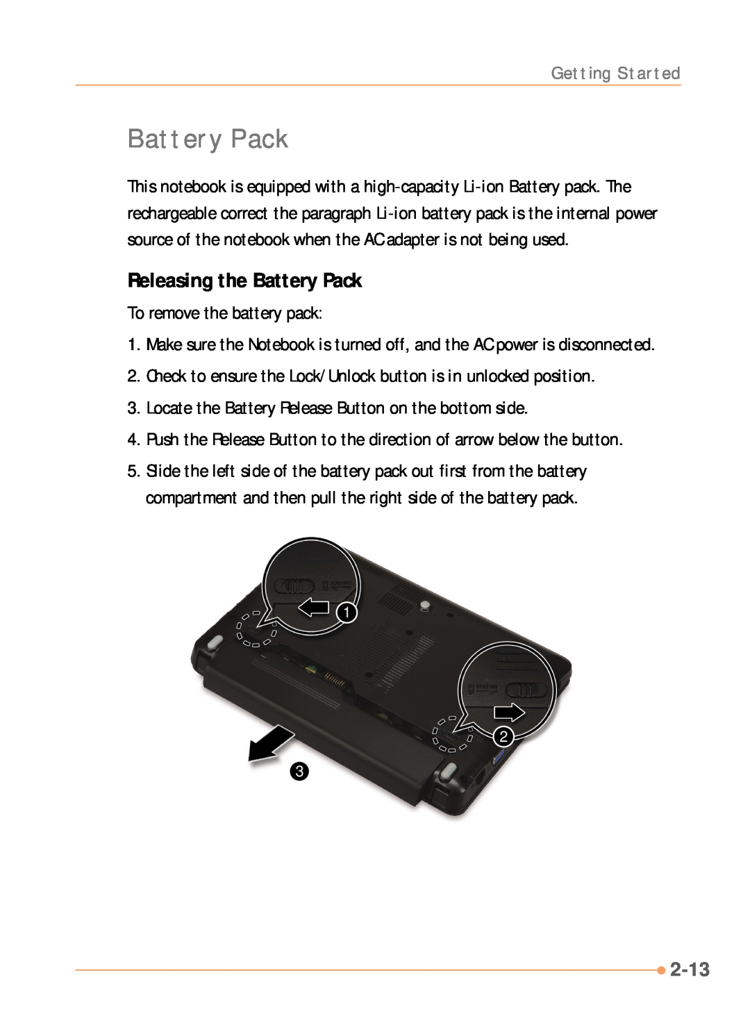 AVERATEC N1000 Series manual Releasing the Battery Pack, 2-13 