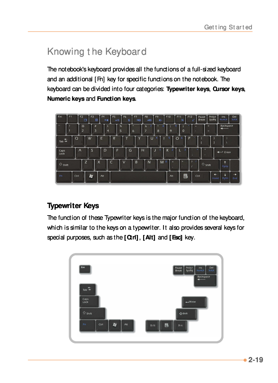 AVERATEC N1000 Series manual Knowing the Keyboard, Typewriter Keys, 2-19 
