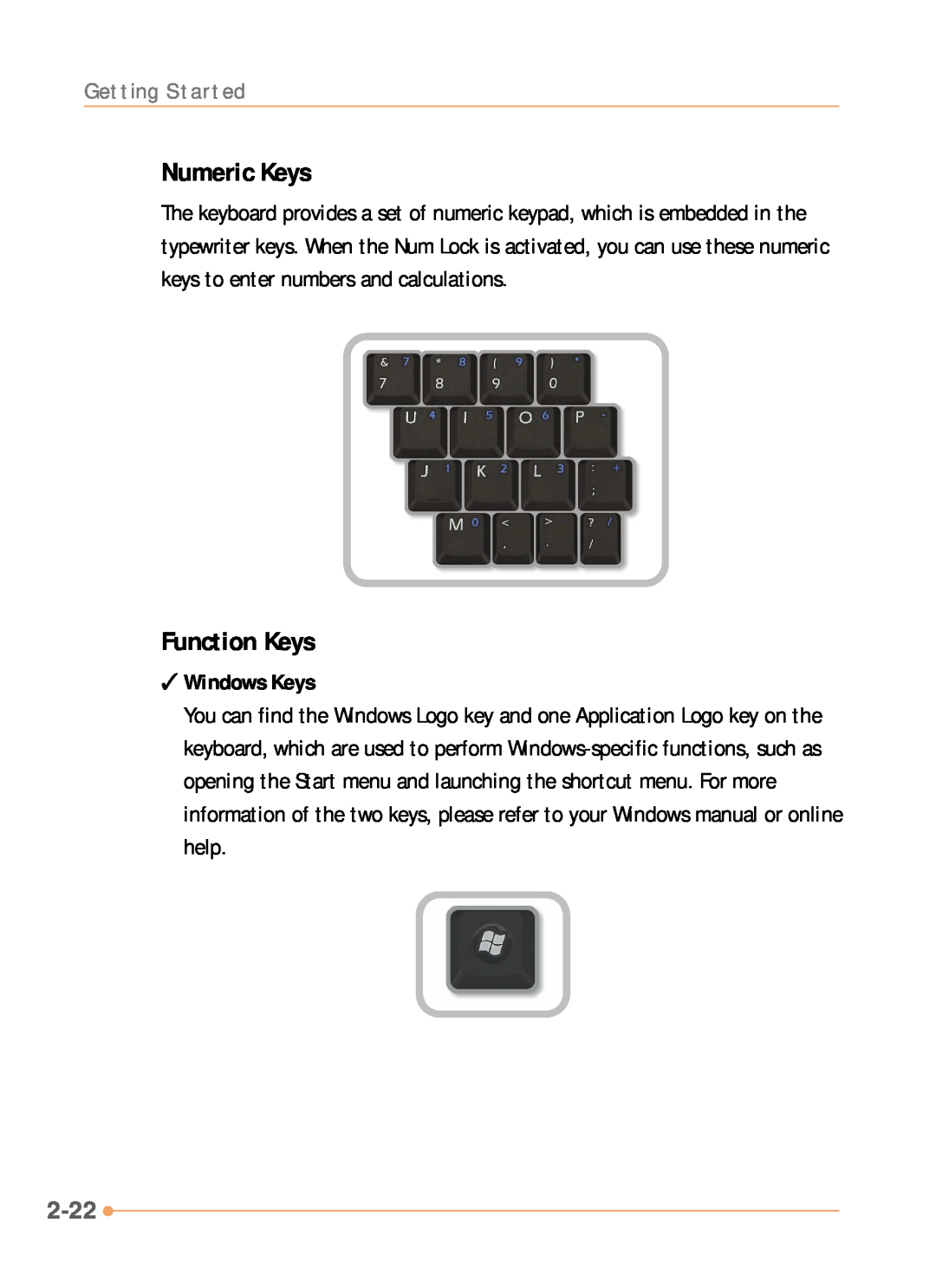 AVERATEC N1000 Series manual Numeric Keys, Function Keys, 2-22, Windows Keys 