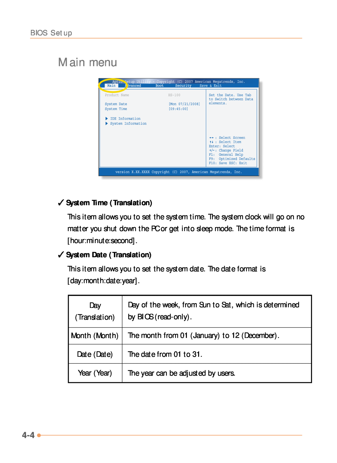 AVERATEC N1000 Series manual Main menu, System Time Translation, System Date Translation 