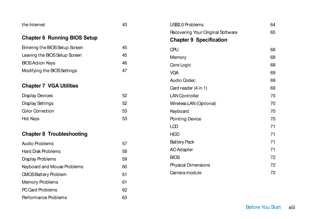 AVERATEC N3400 manual Running Bios Setup, VGA Utilities, Troubleshooting, Specification 