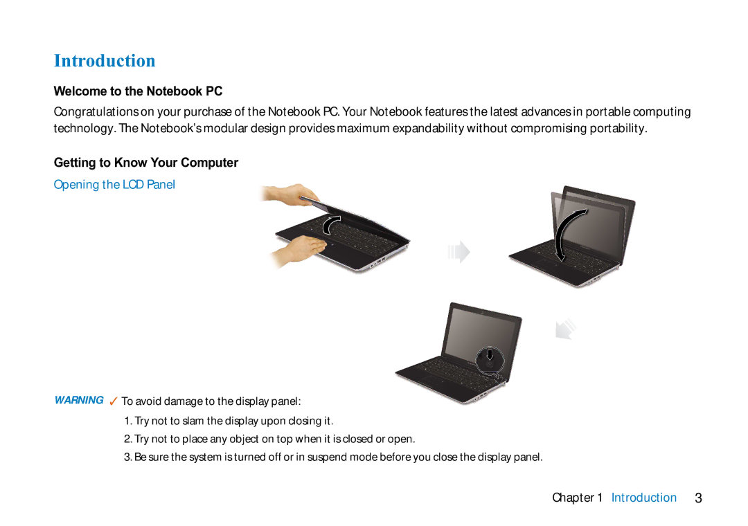 AVERATEC N3400 manual Introduction, Welcome to the Notebook PC, Getting to Know Your Computer, Opening the LCD Panel 