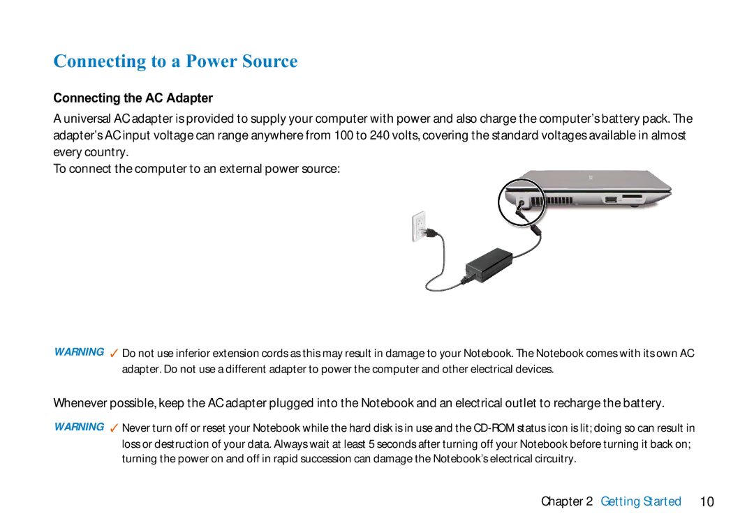 AVERATEC N3400 manual Connecting to a Power Source, Connecting the AC Adapter, Getting Started 