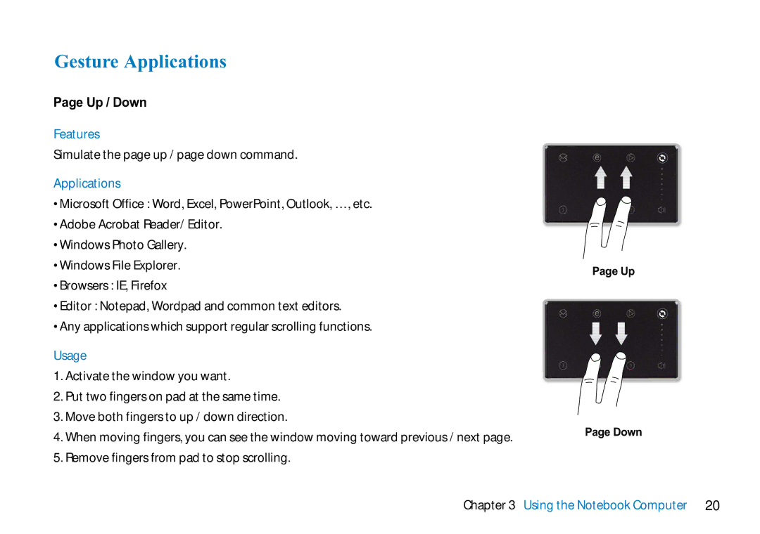 AVERATEC N3400 manual Gesture Applications, Up / Down, Features, Usage 