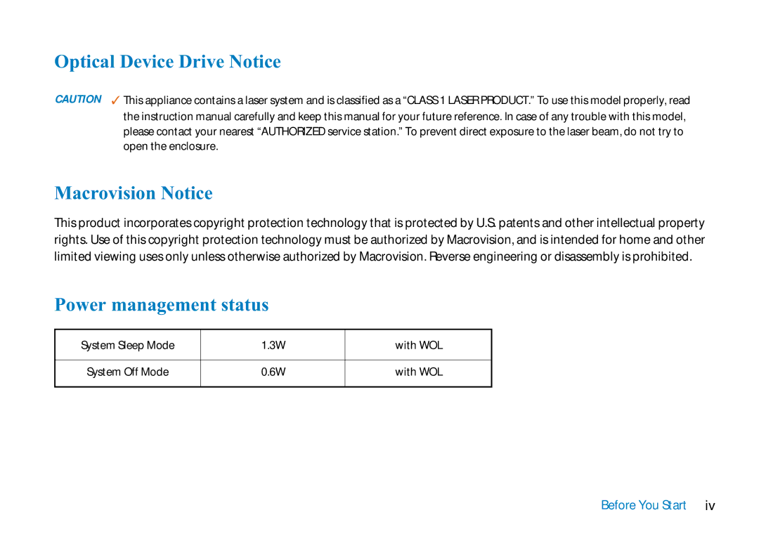 AVERATEC N3400 manual Optical Device Drive Notice Macrovision Notice, Power management status 