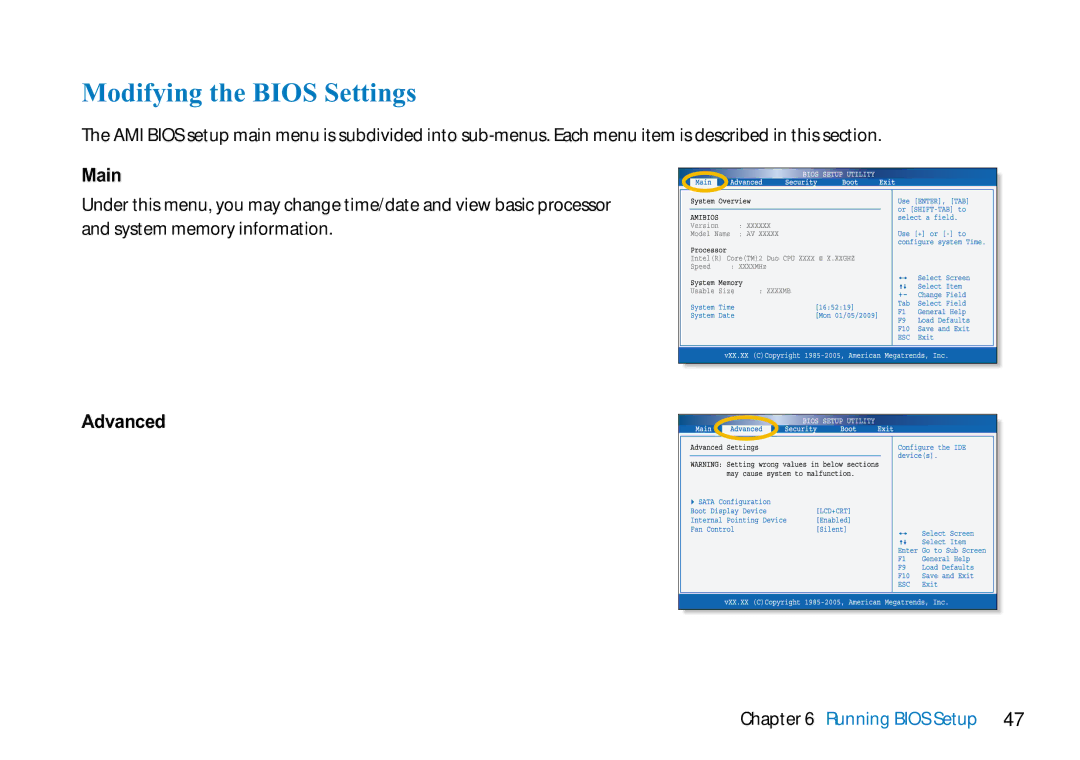 AVERATEC N3400 manual Modifying the Bios Settings, Main, Advanced 