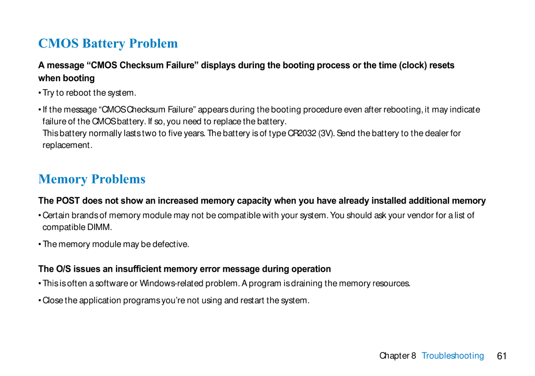 AVERATEC N3400 manual Cmos Battery Problem, Memory Problems 