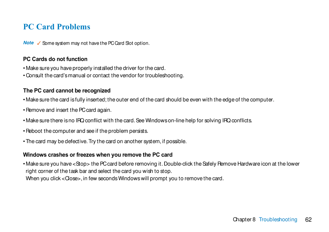 AVERATEC N3400 manual PC Card Problems, PC Cards do not function, PC card cannot be recognized 