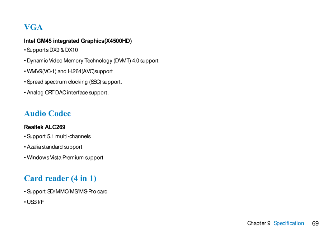 AVERATEC N3400 manual Audio Codec, Card reader 4, Intel GM45 integrated GraphicsX4500HD, Realtek ALC269 